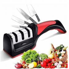 Manual Knife Sharpener 3 Stage Sharpening Tool for Ceramic Knife and Steel Knives Black & Red