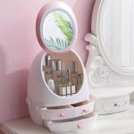 Cosmetic Storage Box with Mirror and 360&deg; Rotating Cover Easy to Access Makeup Organizer with 3 Drawers and Adjustable LED Lights