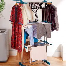 Stainless Steel & Plastic 3 Level Cloth Drying Stand with Wheels, Multicolour